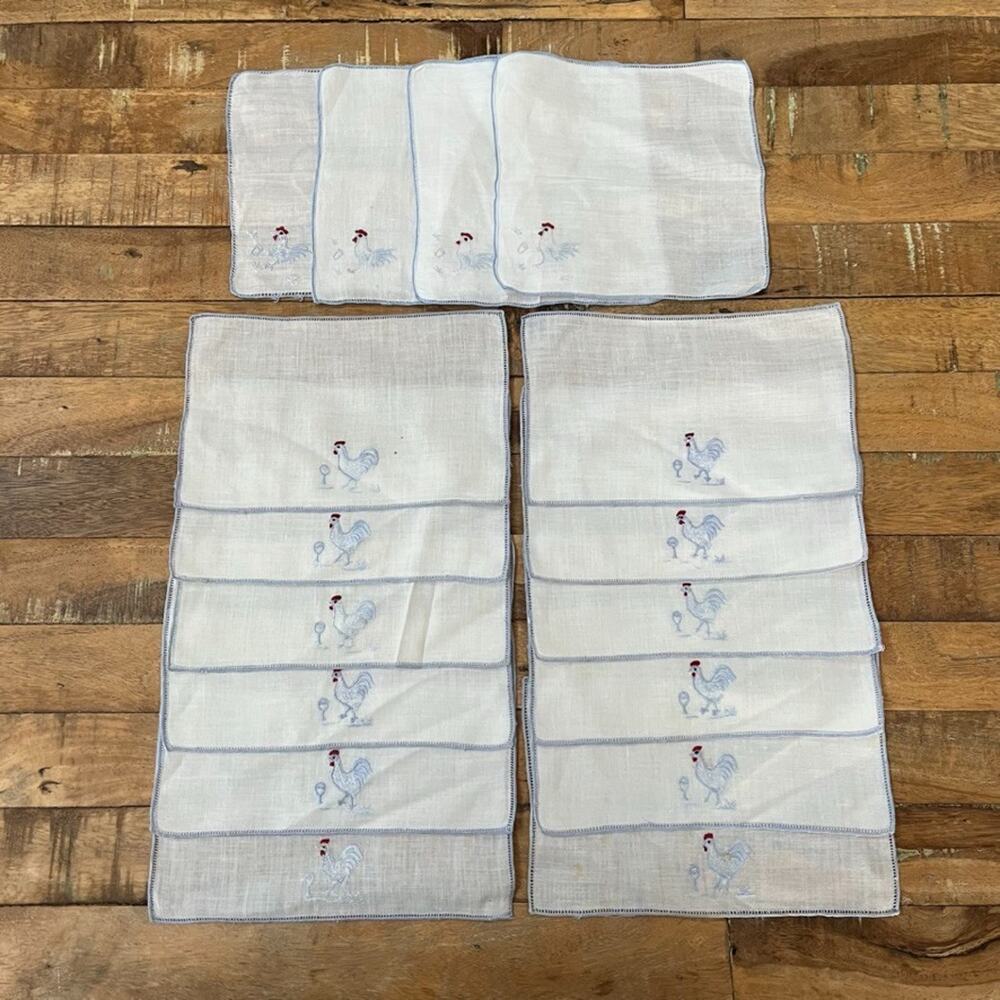 Madeira Linen Cocktail Napkins Set of 16 Hand-Embroidered Blue Rooster Drink